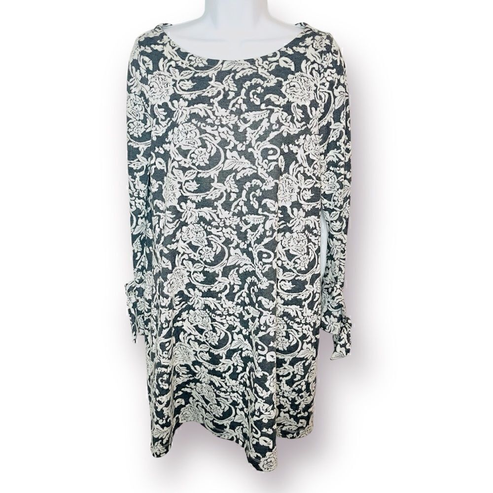 Ann Taylor Loft Floral Knit Shift Dress Tie Cuff Grey Cream M P